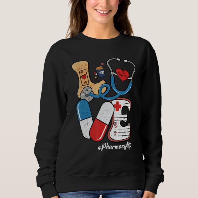 Retro Groovy LOVE Stethoscope Pill Pharmacy Life P T Shirt (Framsida)