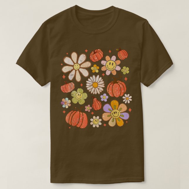 Retro Groovy Lycklig Fall Pumpkins Flowers Mysiga  T Shirt (Design framsida)