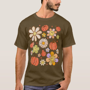 Retro Groovy Lycklig Fall Pumpkins Flowers Mysiga T Shirt