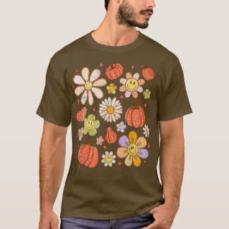 Retro Groovy Lycklig Fall Pumpkins Flowers Mysiga  T Shirt