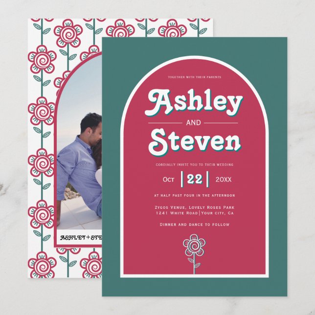 Retro Groovy magenta och teal 70-talet inspirerade Inbjudningar (Fram/baksida)