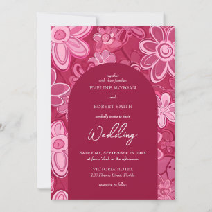 Retro groovy magenta rosa blommor boho arch inbjudningar
