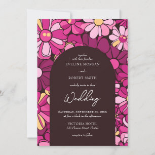 Retro groovy magenta rosa blommor boho arch inbjudningar
