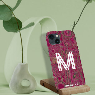 Retro Groovy Magenta Rosa Guld Glitter Monogram