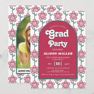 Retro groovy magenta, tealblommor 70-tal Studenten Inbjudningar