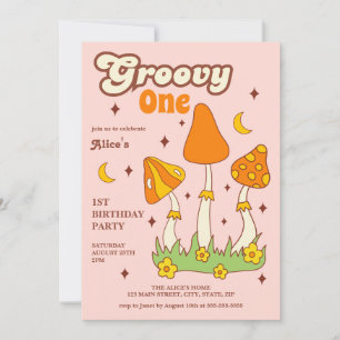 Retro Groovy Magic Hippie Mushroom 1 födelsedag Inbjudningar