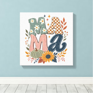Retro Groovy Mamma Höst Pumpa Solros Grafik Canvastryck