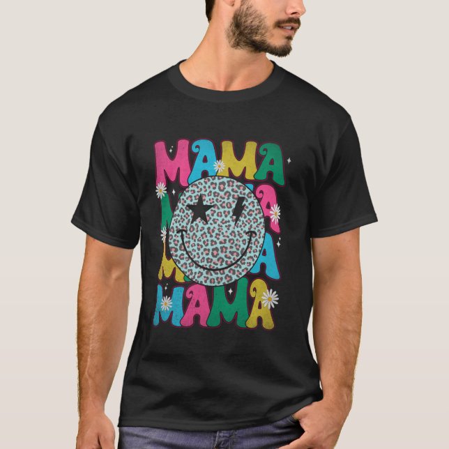 Retro Groovy Mamma Leopard Leende Ansikte Glad Mor T Shirt (Framsida)