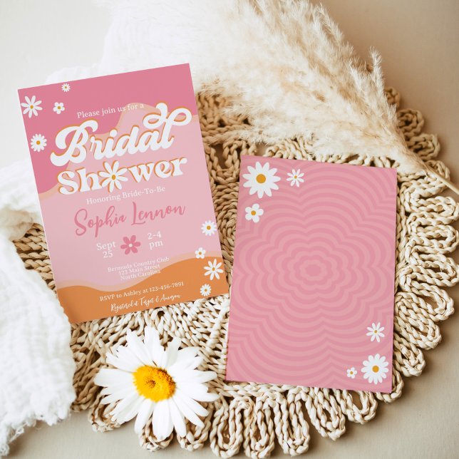 Retro Groovy Möhippa, 70:s Hippie Vibes Daisy Inbjudningar (Retro Groovy Bridal Shower Invitation)
