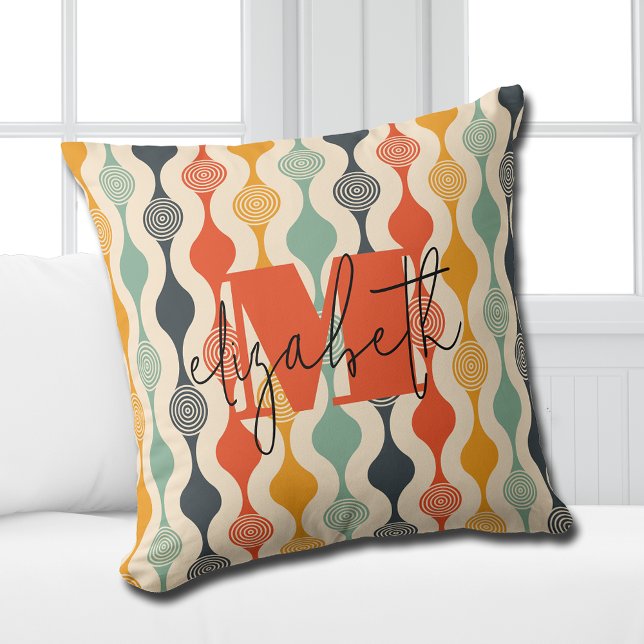 Retro Groovy Mönster Kudde (Personalized or leave customization blank to remove monogram.)