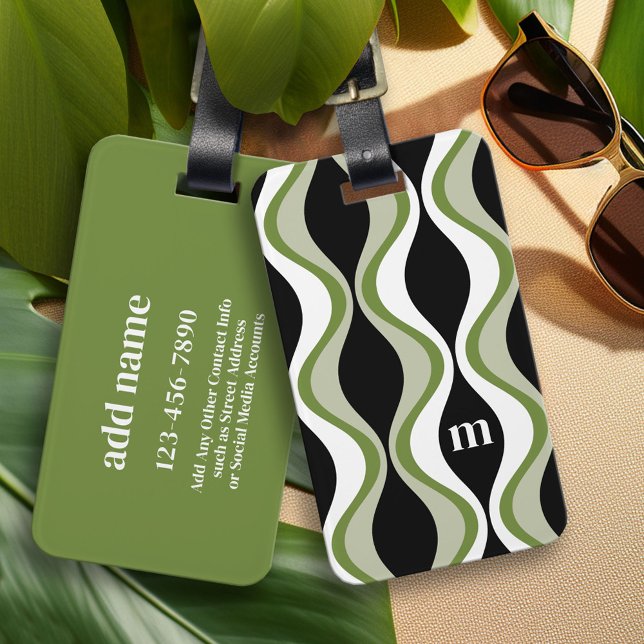 retro groovy mönster - monogram - olivsvart bagagebricka (Custom Luggage Tag - Personalized Bag Tag)