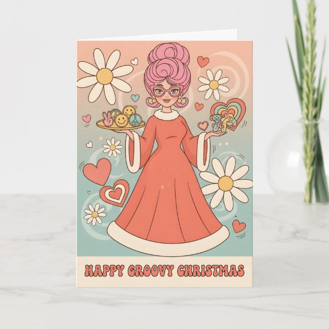 Retro Groovy Mrs. Claus Merry Christmas Helgkort (Framsida)