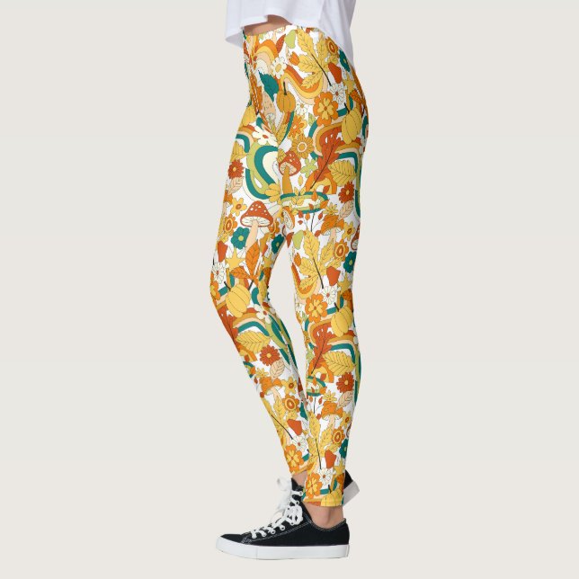 Retro Groovy Mushroom Flower Mönster Leggings (Vänster)