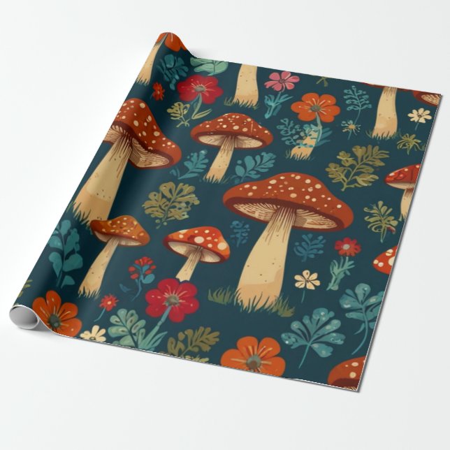 Retro Groovy Mushroom Flower Mönster Presentpapper (Utrullad)