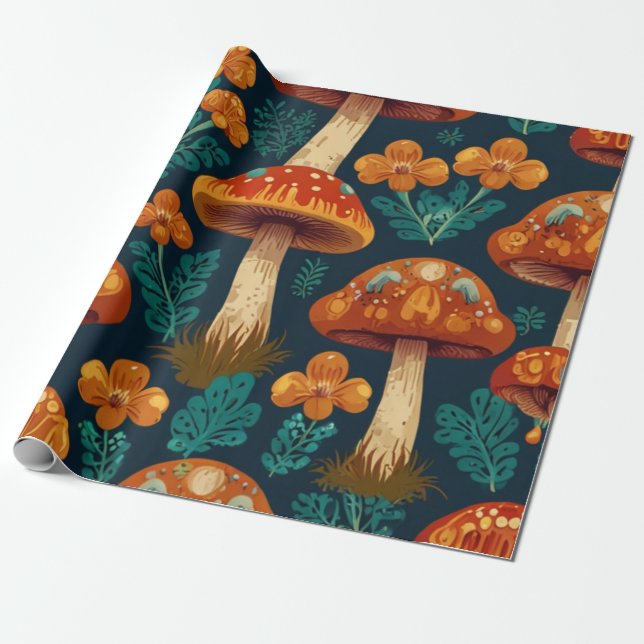 Retro Groovy Mushroom Flower Mönster Presentpapper (Utrullad)