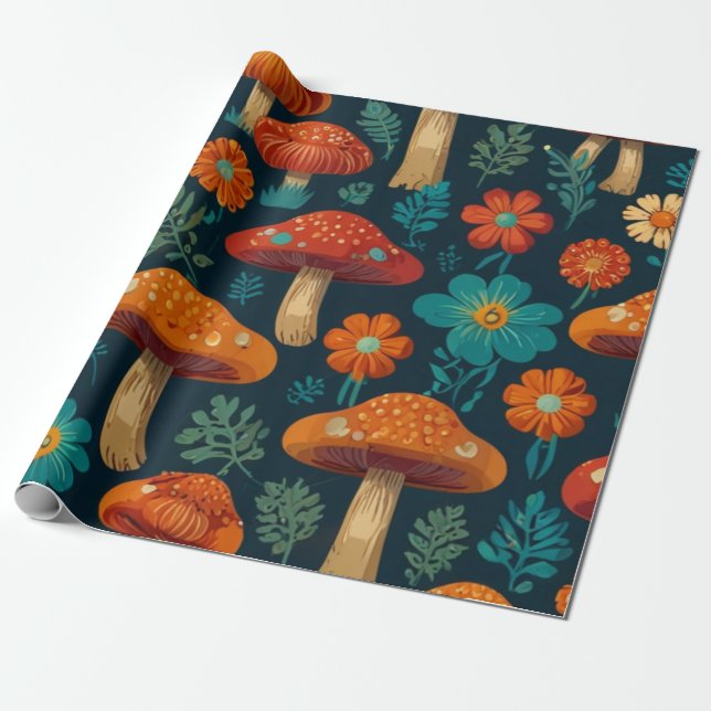 Retro Groovy Mushroom Flower Mönster Presentpapper (Utrullad)