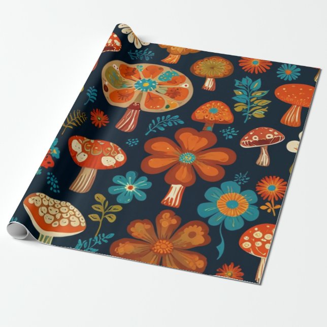 Retro Groovy Mushroom Flower Mönster Presentpapper (Utrullad)