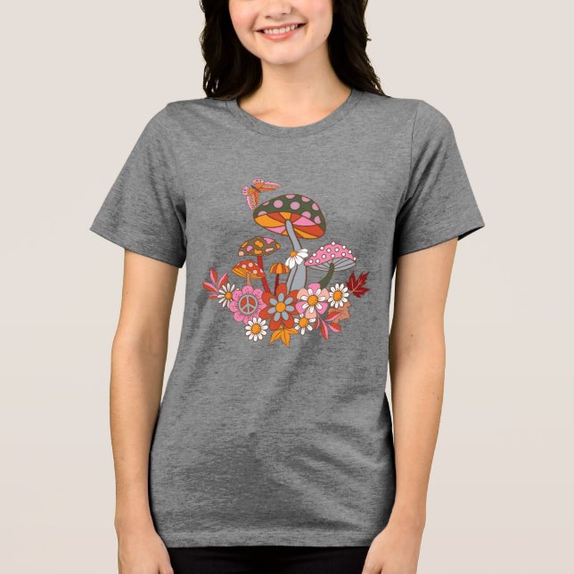 Retro Groovy Mushroom Garden med Fredstecken T Shirt (Framsida)