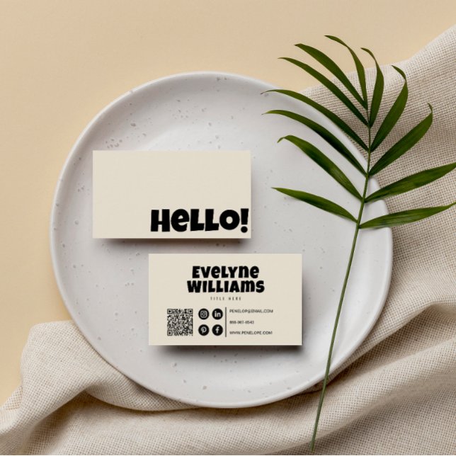 Retro Groovy Neutralt Cream QR kod fet Hej Boho Visitkort (Skapare uppladdad)