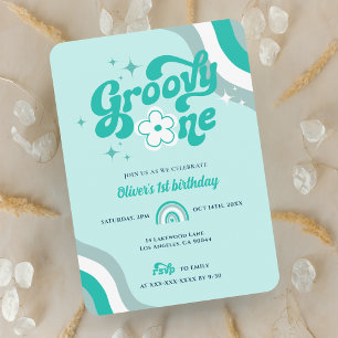 Retro Groovy One Boy 1:a födelsedagsinbjudan Inbjudningar