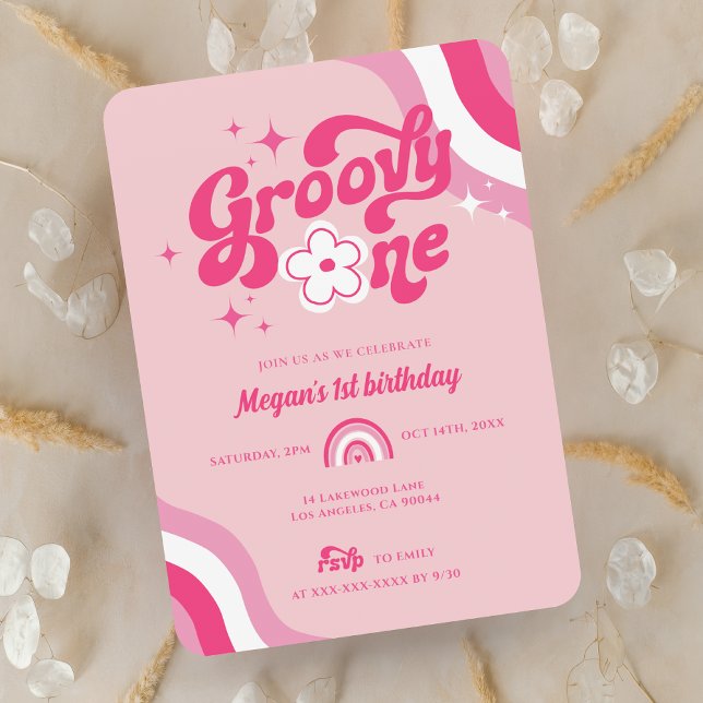 Retro Groovy One Girl 1:a födelsedagsinbjudan Inbjudningar (Skapare uppladdad)