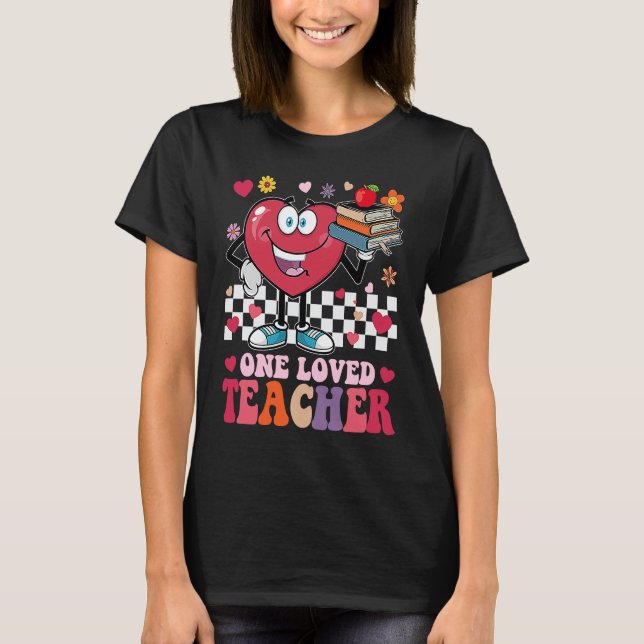 Retro Groovy One Loved Teacher Heart Valentines Da T Shirt (Framsida)