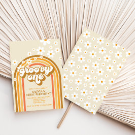 Retro Groovy One Rainbow Brown Orange Birthday Inbjudningar