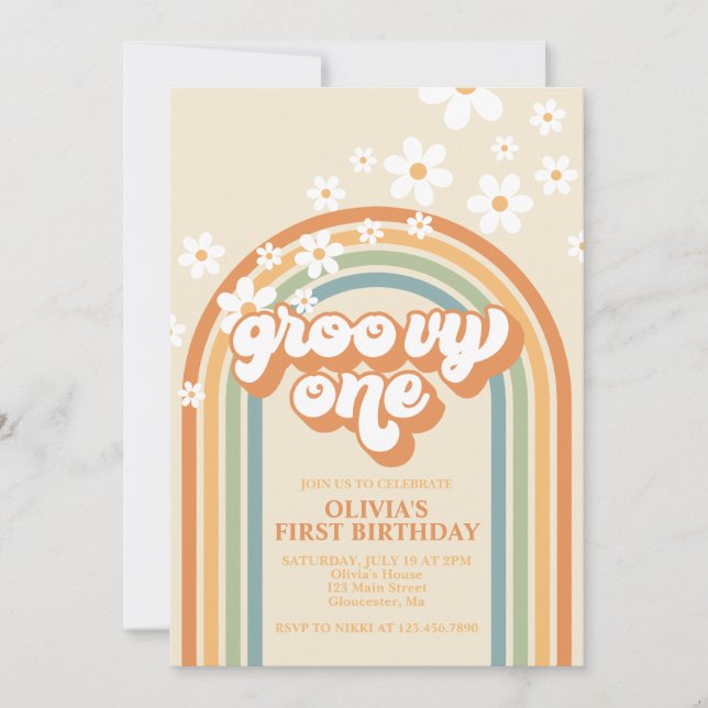 Retro Groovy One Rainbow Brown Orange Birthday Inv Inbjudningar (Framsida)
