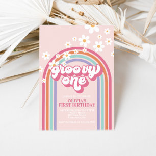Retro Groovy One Rainbow Rosa Inbjudningar