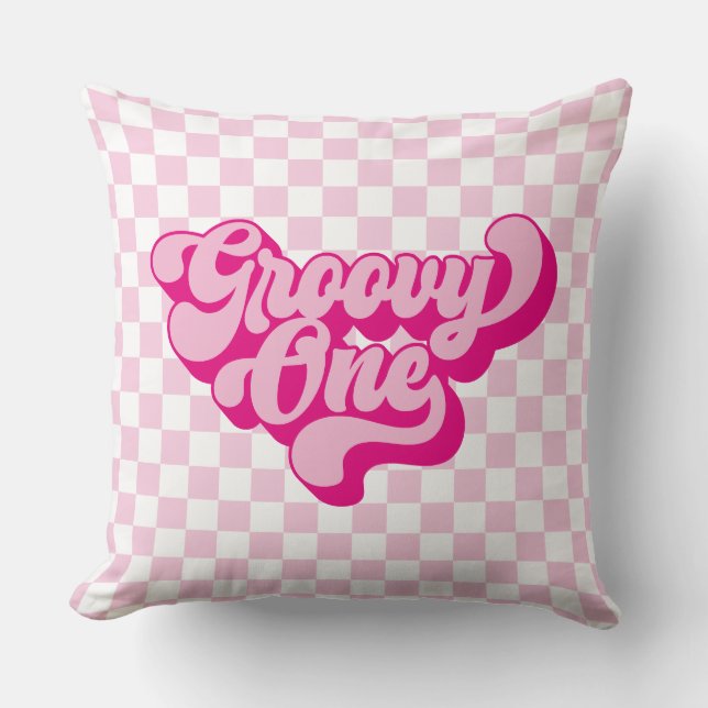 Retro Groovy One Rosa and White Check Kudde (Framsida)