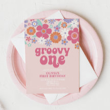 Retro Groovy One Rosa Blommig Inbjudan