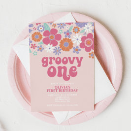 Retro Groovy One Rosa Blommig Inbjudan
