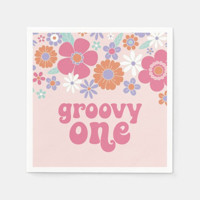 Retro Groovy One Rosa Blommig Pappersservett (Framsidan)