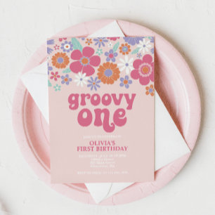 Retro Groovy One Rosa Blommigt-inbjudan Inbjudningar