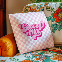 Retro Groovy One Rosa och Vit Rutig Kudde