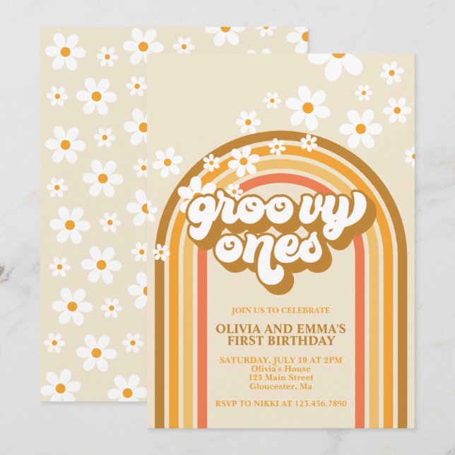Retro Groovy Ones Rainbow Brown Twin Birthday Inbjudningar (Fram/baksida)