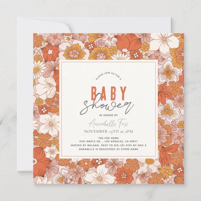 Retro Groovy Orange Blommigt Girl Baby Shower Inbjudningar (Framsida)