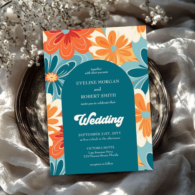 Retro Groovy orange gult och blåa blommor arch Inbjudningar (Retro groovy orange yellow and blue flowers arch invitation)