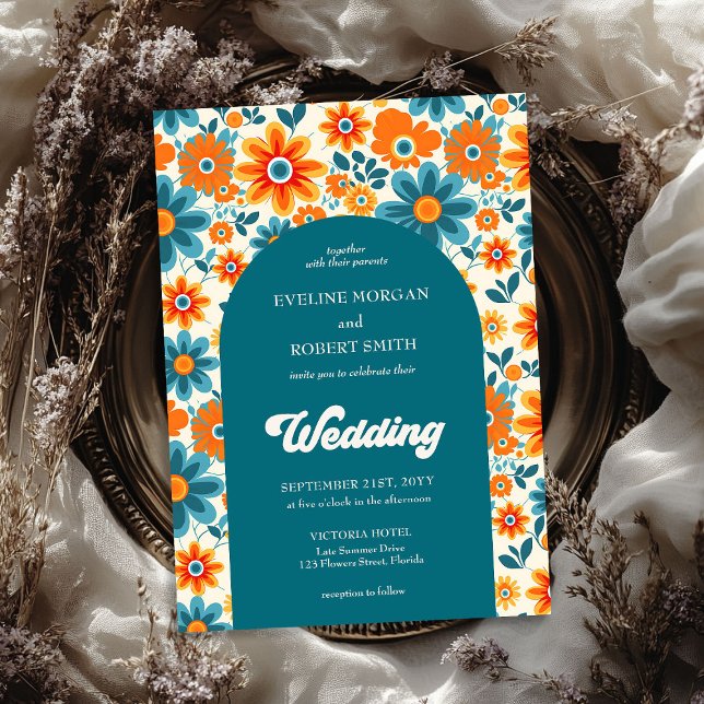 Retro Groovy orange gult och blåa blommor arch Inbjudningar (Retro groovy orange yellow and blue flowers arch invitation)