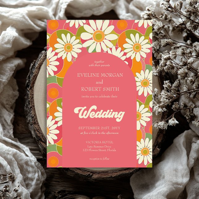 Retro groovy orange rosa och vit disitet inbjudningar (Retro groovy orange pink and green flowers wedding invitation)