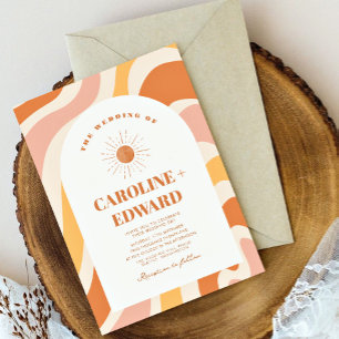 Retro Groovy Orange Vågigt Boho Bröllop Qr-kod Inbjudningar