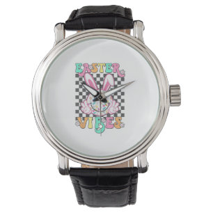 Retro Groovy Påsk Vibbar Kanin Rutig Leende Wo Armbandsur