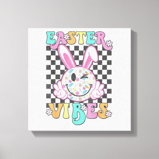 Retro Groovy Påsk Vibbar Kanin Rutig Leende Wo Canvastryck (Framsida)