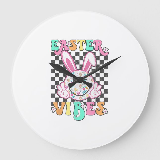 Retro Groovy Påsk Vibbar Kanin Rutig Leende Wo Stor Klocka (Framsida)