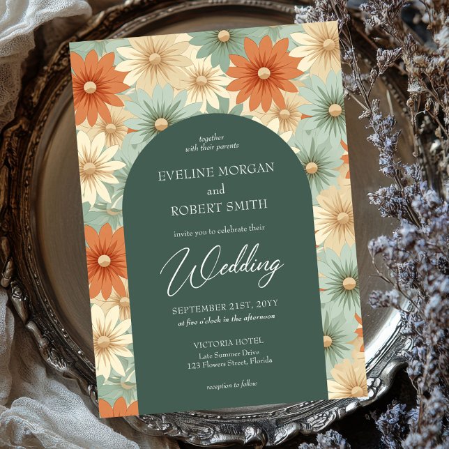 Retro groovy pastel färg blommor boho arch inbjudningar (retro groovy pastel colorful flowers boho arch wedding invitation)