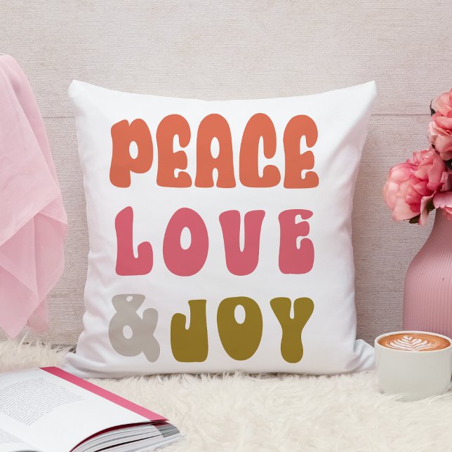 Retro Groovy Peace Kärlek Joy Helgdag Kudde (Back Photo Retro Groovy Peace Love Joy Holiday Photo Throw Pillow)