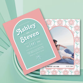Retro groovy peach och aqua 70-talet inspirerade b inbjudningar