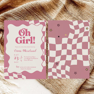 Retro Groovy Pink Checkered Oh Girl Baby Shower Inbjudningar