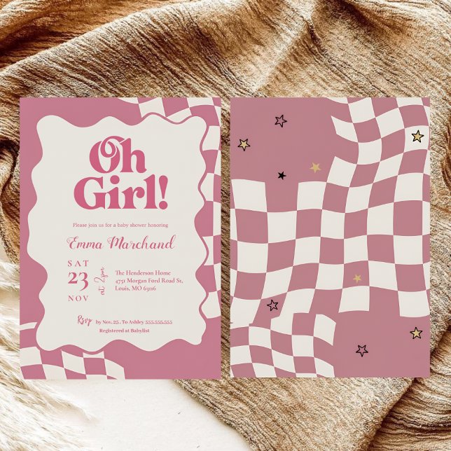 Retro Groovy Pink Checkered Oh Girl Baby Shower Inbjudningar (Skapare uppladdad)