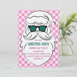 Retro Groovy Pink Checkered Santa Claus Christmas Inbjudningar